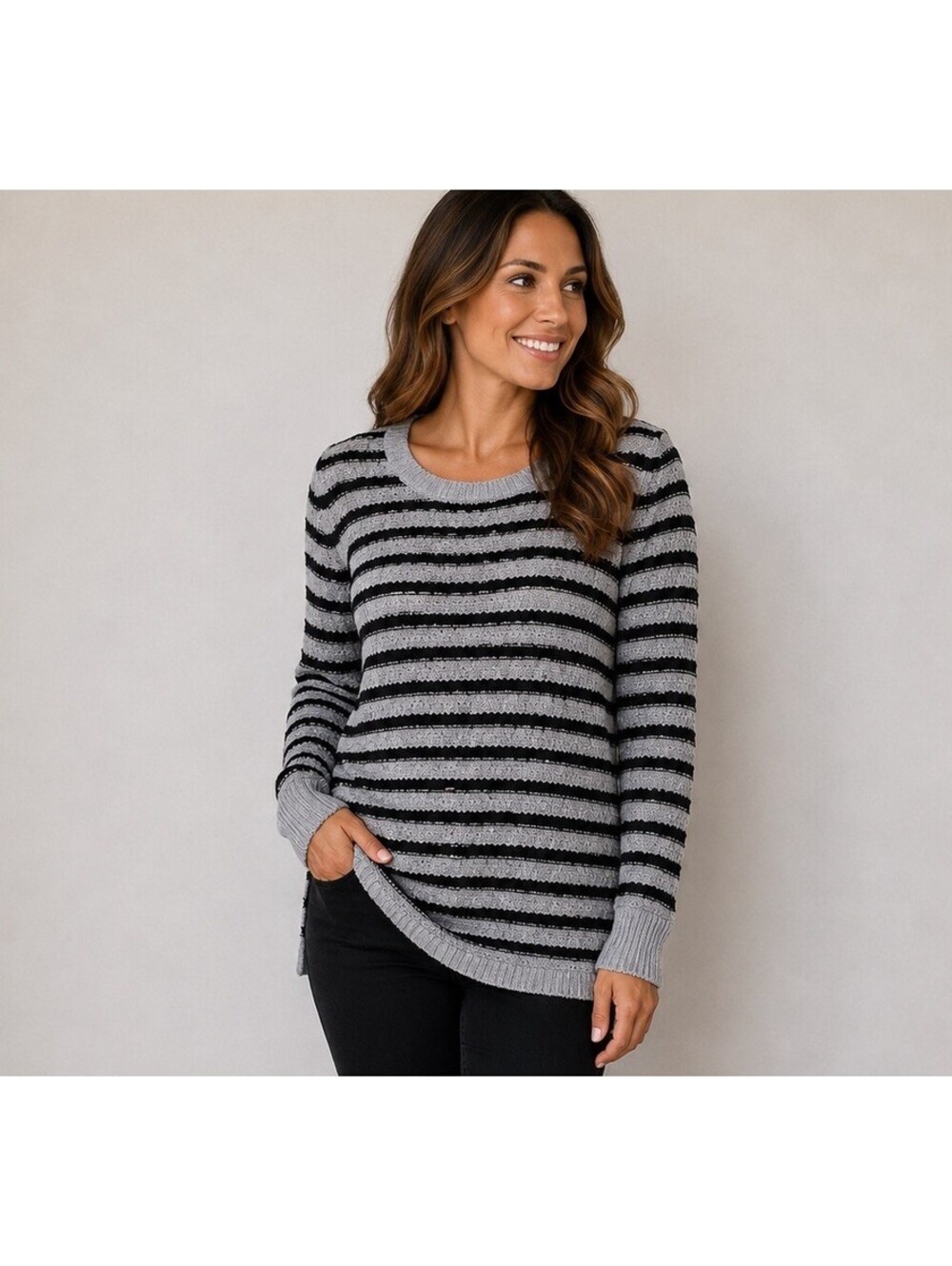 LOFT Striped Crochet Knit Sweater Tunic Women’s XS Black White Cotton Sailor